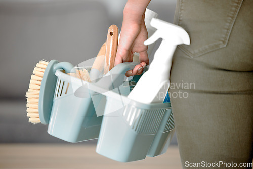 Image of Cleaning tools, clean service and brush with hands holding basket with sponge and hygiene products. Mockup for ecofriendly detergent, domestic chores and cleaning service for janitor or maid working