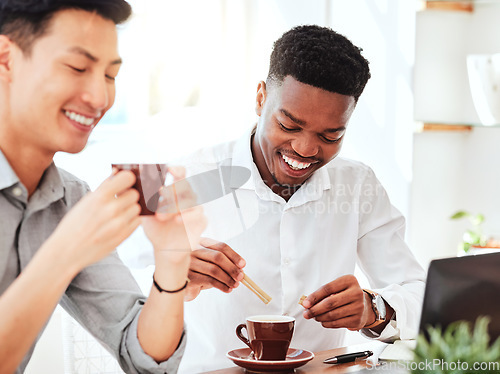 Image of Business meeting, working and men with coffee and laptop in cafe. Diversity, black man and Asian man in coffee shop, smiling and drinking tea on social business venture for global startup company