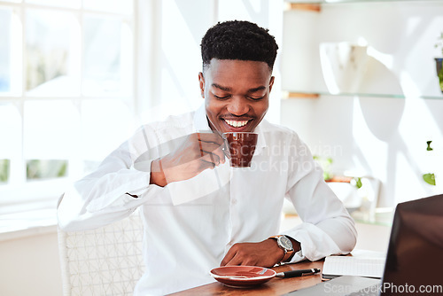 Image of Black business man with tea, cafe restaurant for online work and happy startup manager in Chicago. Working at company kitchen table with laptop, coffee break from tech office and employee relaxing