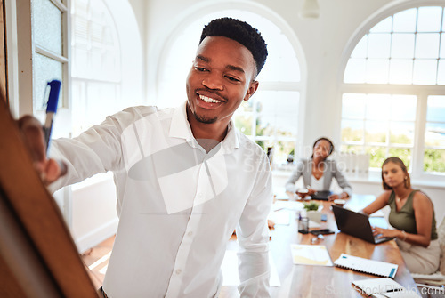 Image of Black man, writing on whiteboard and corporate presentation marketing strategy for startup business growth with confidence. Presenting speaker, planning advertising and vision with leadership skills