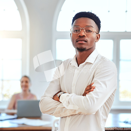 Image of Business, leadership and portrait of black man in office with serious and assertive expression. Manager, ceo and businessman working in city. Startup idea, vision and team leader in modern workplace