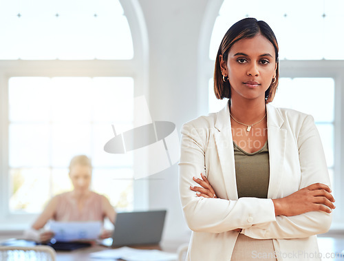 Image of Business woman, leader and ceo office portrait, confidence or ambition. Motivation, manager or female boss worker in India standing for feminine leadership empowerment, success vision or company goal