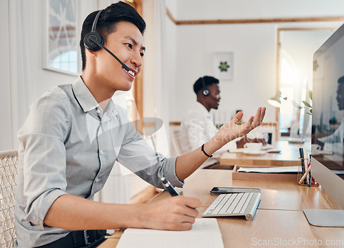 Image of Consulting, call center and help with businessman at computer talking on phone call for customer support, telemarketing and sales. Communication, contact and inbound marketing with employee at desk