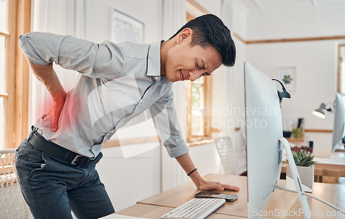 Image of Businessman with back pain, muscle injury and burnout at office desk. Young frustrated man suffering from spinal inflammation, body discomfort or strain and healthcare stress emergency