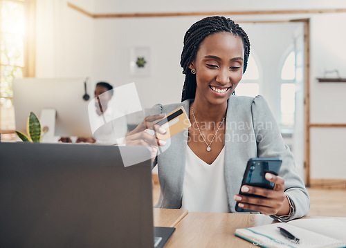 Image of Credit card, smartphone and business black woman with fintech for online easy payment, loan application or digital banking. Ecommerce, online shopping website and corporate worker check credit score