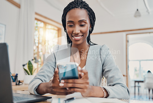 Image of Black business woman on smartphone, reading social media online and working in restaurant cafe with wifi. Intern studying with laptop in coffee shop, learning mobile communication and career success
