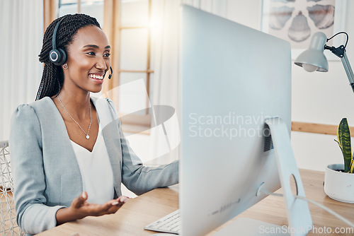 Image of Telemarketing, computer video call and black woman consulting, give sales pitch or doing work from home. Happy, headset and remote call center consultant in communication for online help desk support