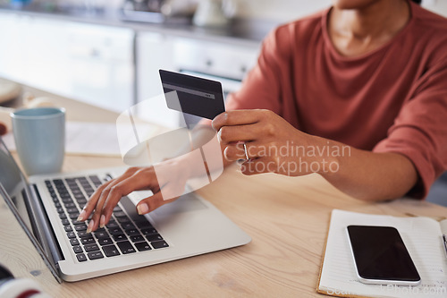 Image of Credit card woman, online shopping and ecommerce laptop payment, online budget and internet finance at home. Hands trading bills, investment and banking money transfer on fintech computer technology