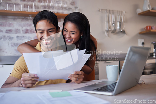 Image of Home finance, budget and documents of couple with fintech, digital bank or entrepreneurship profit invoice. Happy people reading mortgage paperwork, tax management or financial house savings planning