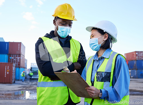 Image of Logistics, shipping and team with mask for covid safety with a checklist for cargo inventory on a port. Export of delivery or supply chain management of international and global stock distribution