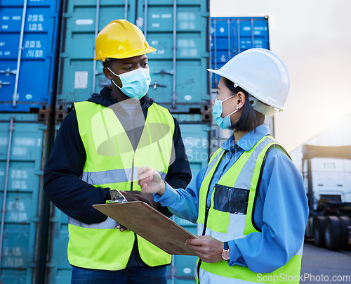 Image of Container management team, covid checklist safety and security cargo or inspection manager. Inventory supply chain collaboration strategy communication, training and management planning or teamwork