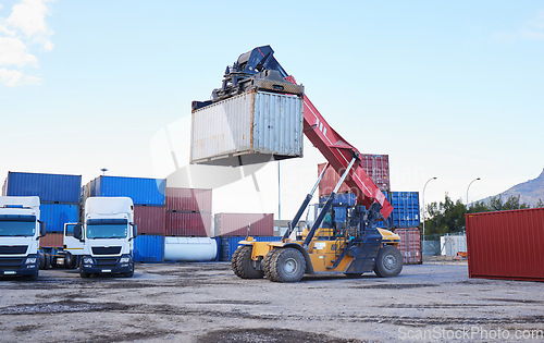 Image of Logistics industry, forklift shipping container for distribution truck and supply chain export in Canada. International transportation for ecommerce, industrial global trade and cargo freight service