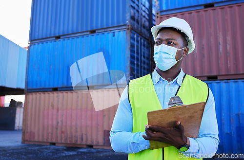 Image of Logistics, shipping and businessman in covid with clipboard in cargo container yard. Construction worker with mask doing stock inspection for transportation, delivery and import and export industry