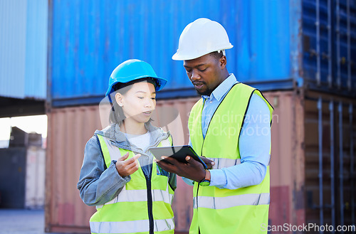 Image of People in shipping logistics, working on tablet with supply chain stock inventory and international freight trade. Digital innovation of export cargo industry, distribution workers and iot technology