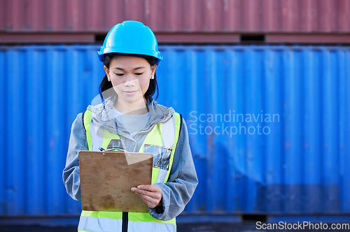 Image of Woman in shipping, logistics and transport with checklist for freight inventory management or stock inspection. Storage container, cargo and commercial courier delivery for supply chain distribution