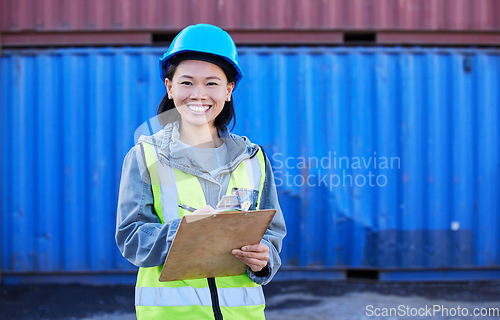 Image of Logistics, inspection and portrait of an industrial woman working at an outdoor warehouse with containers. Shipping yard, clipboard and industry manager checking inventory at a delivery cargo freight