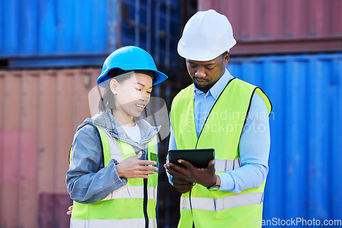 Image of Logistics, tablet and employees planning delivery of shipping container on technology while working together at a port. Outdoor warehouse workers working on inventory of cargo at a storage plant