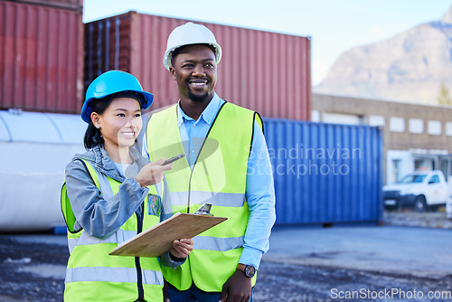 Image of Logistics, planning and employees talking about cargo delivery while working together at a port. Industrial team speaking about shipping of stock and inspection of container at an outdoor warehouse