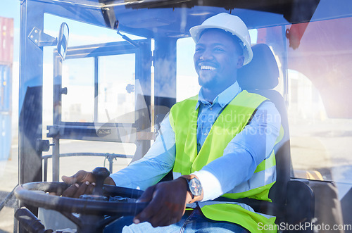 Image of Truck, logistics and transport with a black man or shipping worker driving a vehicle on a commercial container dock. Freight, cargo and stock with an male courier driver at work in the export trade