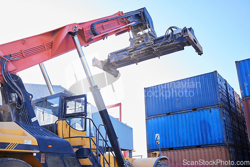 Image of Crane, box container and delivery cargo shipping business company in manufacturing, shipping and distribution of stock. Industrial freight machine transport truck export supply chain courier package