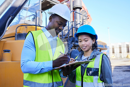 Image of Logistics checklist, transportation and engineer people inspection of truck for supply chain management, cargo or export teamwork. Diversity, contract construction worker industrial site job planning