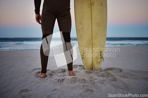 Image of Feet of man on beach sand, surfer in nature look at waves in Hawaii and healthy sport exercise on holiday. Person holding surfboard on sea shore, calm ocean water in sunset and summer travel vacation