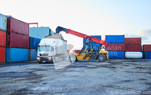 Image of Logistics, shipping and container with truck and forklift in cargo warehouse for supply chain, delivery and export industry. Economy, ecommerce and global in factory port with transportation