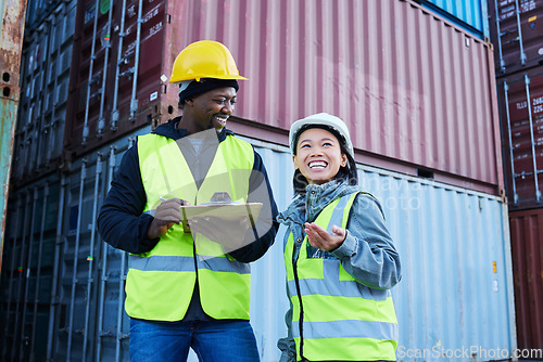 Image of Warehouse, management and cargo stock with man and woman discuss checklist and laughing at factory plant. Logistics, shipping and colleagues working on supply chain delivery for ecommerce container