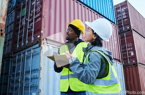 Image of Logistics, shipping management and checklist for cargo stock with man and woman talking delivery at shipyard. Warehouse manager and colleague working on supply chain control for container inspection