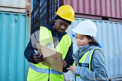 Image of Logistics, clipboard and diversity team work on cargo, container and supply chain delivery or shipping inventory checklist. Collaboration, black man and asian woman check product stock or export data