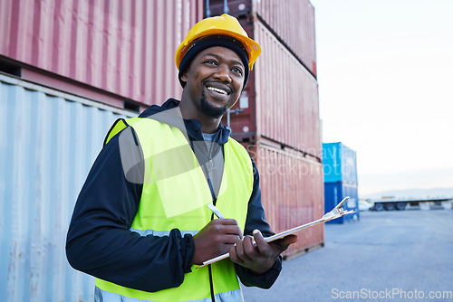 Image of Inspection, logistics and black man thinking of delivery, stock and shipping cargo while working at a port. African supply chain worker writing notes about container and distribution at a warehouse