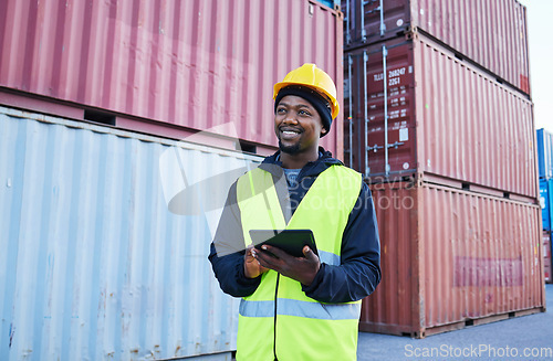 Image of Tablet, logistics and shipping with a supply chain black man manager working on a commercial container dock outside. Internet, freight and cargo with a male courier at work in an export storage yard