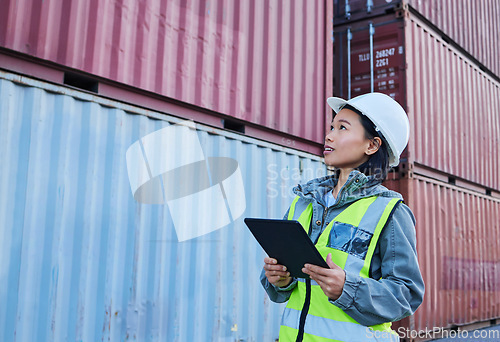 Image of Delivery, logistics and woman on tablet for container inspection with stock, cargo or inventory checklist. Warehouse, industrial and supply chain worker working at a distribution customs job outdoors