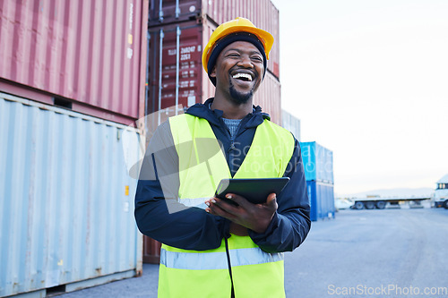 Image of Logistics, tablet and black man planning shipping of container with stock on technology at a port. Happy African distribution worker working on inspection of cargo and freight at an outdoor warehouse