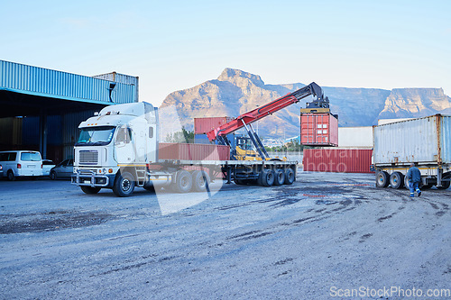 Image of Container, logistics and truck for transport of cargo, stock or manufacturing delivery at a warehouse. Transportation of freight for distribution, shipping and ecommerce at an industrial factory