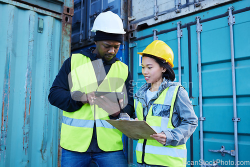 Image of Shipping logistics checklist, tablet for inventory management used by black man and asian woman for freight container distribution. Delivery courier check cargo, import and export of commercial stock