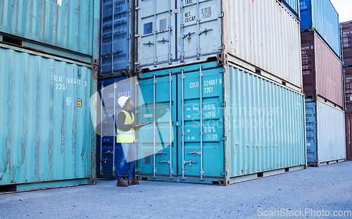 Image of Shipping, stock and cargo management with man writing checklist at warehouse. Supply chain, container and male inspector checking delivery for ecommerce order, logistics and storage distribution