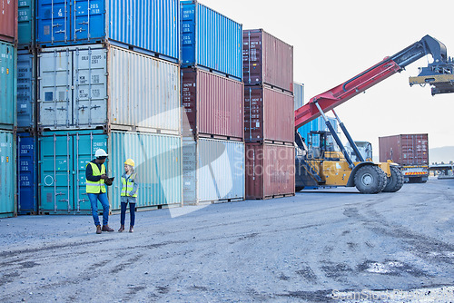 Image of Logistics, forklift and manager and worker at container supply chain, delivery and shipping distribution warehouse. Foreman coaching industry employee on cargo, stock and inventory at port in Dallas