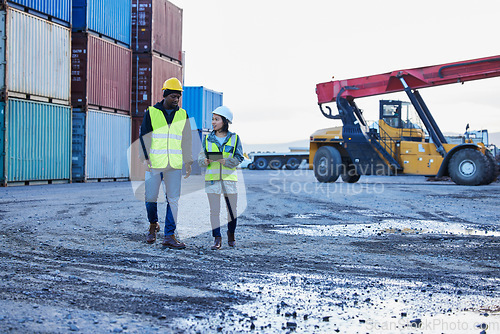 Image of Tablet, container and engineer teamwork planning for manufacturing, shipping and cargo distribution company. Man and woman freight managers talk on stock logistics or delivery 5g tech audit checklist