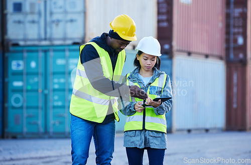 Image of People in construction with tablet, supply chain team collaboration and export distribution digital innovation. Industrial freight logistics, port workers in shipping with 5g wifi and cargo container