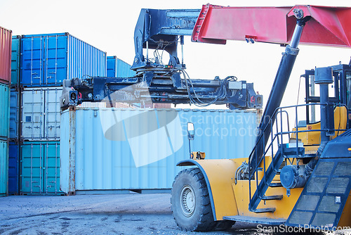 Image of Logistics, container and truck moving cargo on an international and global shipping port. Supply chain, delivery and freight transport stock to be export, transport and courier to distribution center