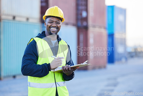 Image of Checklist of logistics, shipping and supply chain manager smile and happy while working at an international trade port. Black man with portriat for industrial cargo or container export or transport