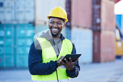 Image of Logistics, tablet and black man shipping cargo on the internet while working at an outdoor warehouse. African industrial engineer thinking of strategy for distribution of stock on the web at a port