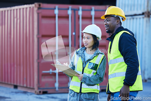 Image of Shipping logistics team, manufacturing planning and work collaboration in supply chain, industrial cargo and production inspection. Factory port man, woman and distribution industry freight checklist