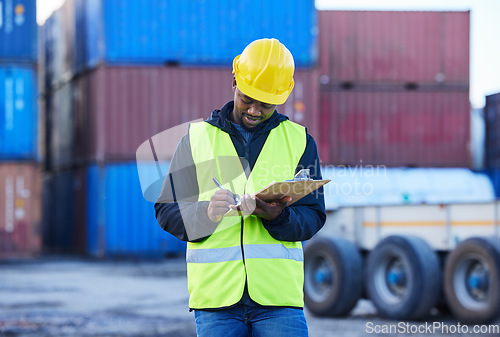 Image of Cargo, supply chain and logistics manager black man with checklist, freight shipping management or compliance safety documents. Supplier, industry worker and container export transportation warehouse