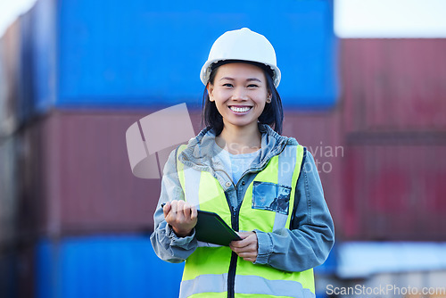 Image of Logistics, asian and woman with tablet, container and check shipping delivery of cargo, product or stock data. Supply chain, smile and portrait of happy industry worker with mobile digital checklist