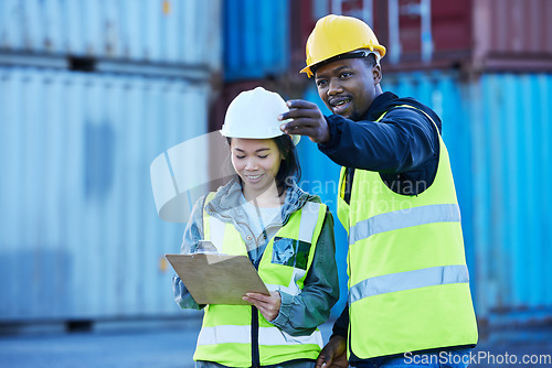 Image of Cargo, shipping and logistics workers with checklist for international and global cargo transport at a port. Teamwork, collaboration and delivery industry employees talk, communication and inventory