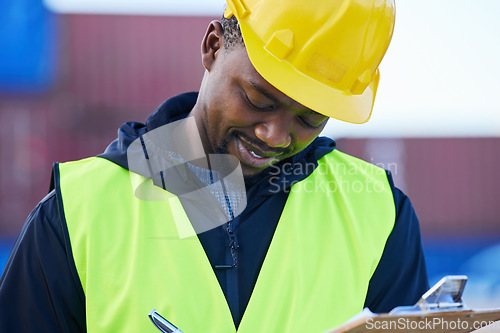 Image of Logistics, shipping and checklist by black man engineer writing delivery inspection report for control of cargo containers at port. African supply chain worker doing distribution work at warehouse