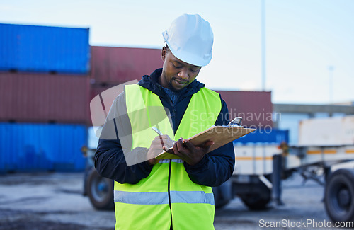 Image of Engineer, cargo and black man writing shipping or delivery inspection report for control at shipyard by warehouse foreman. African supply chain worker doing import export distribution at port