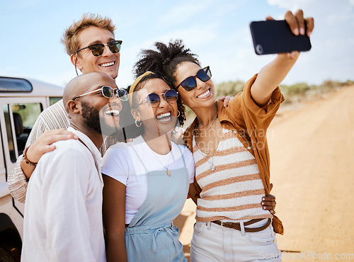 Image of Safari, travel and friends phone selfie for social media with multiracial people on dirt road. Diverse friendship group enjoying bush holiday together in South Africa with smartphone photograph.